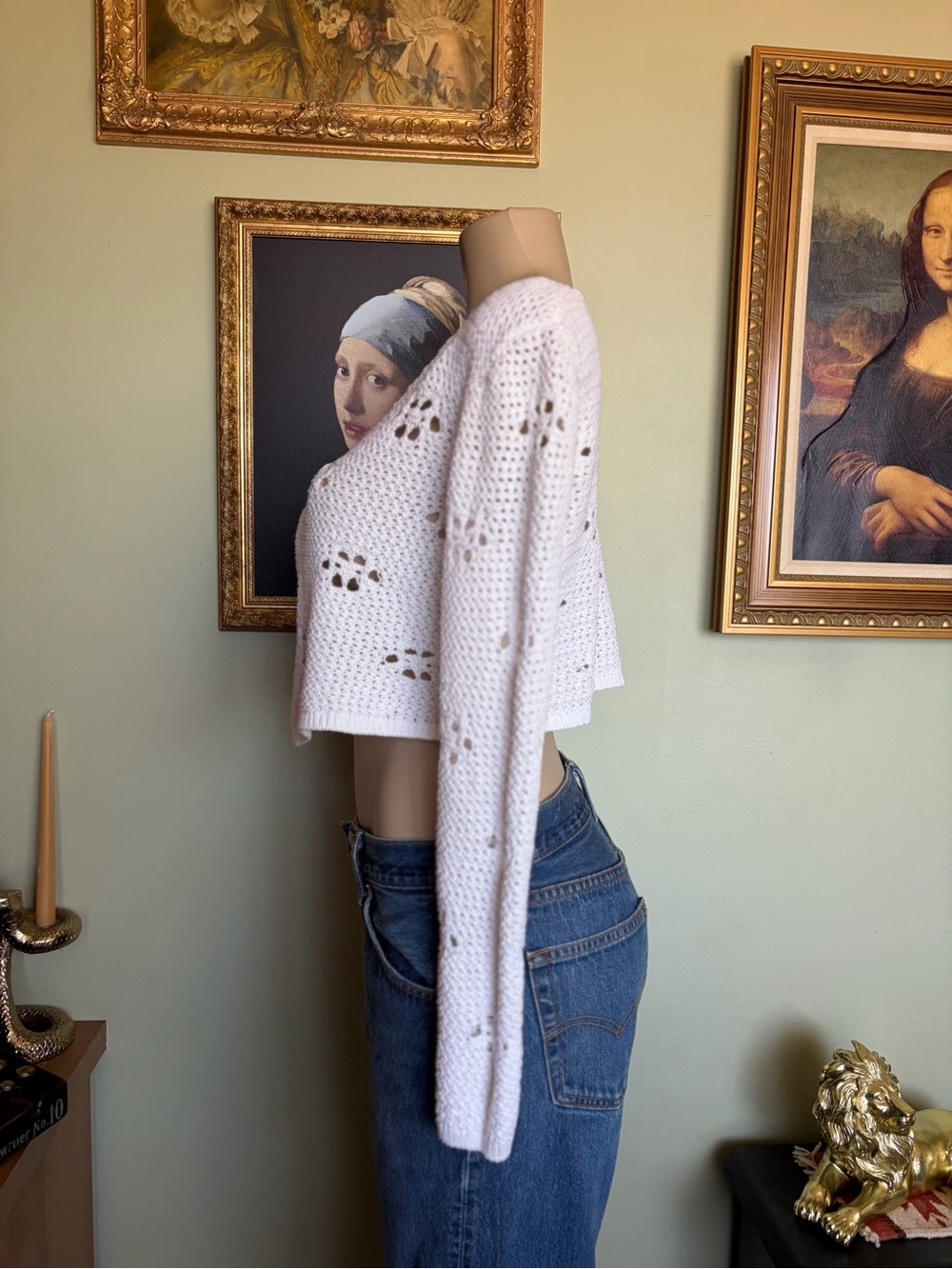Open Crochet White Tie-Front Hippie Beachy Cardigan Boho Sweater Top Size M - Picture 13 of 16